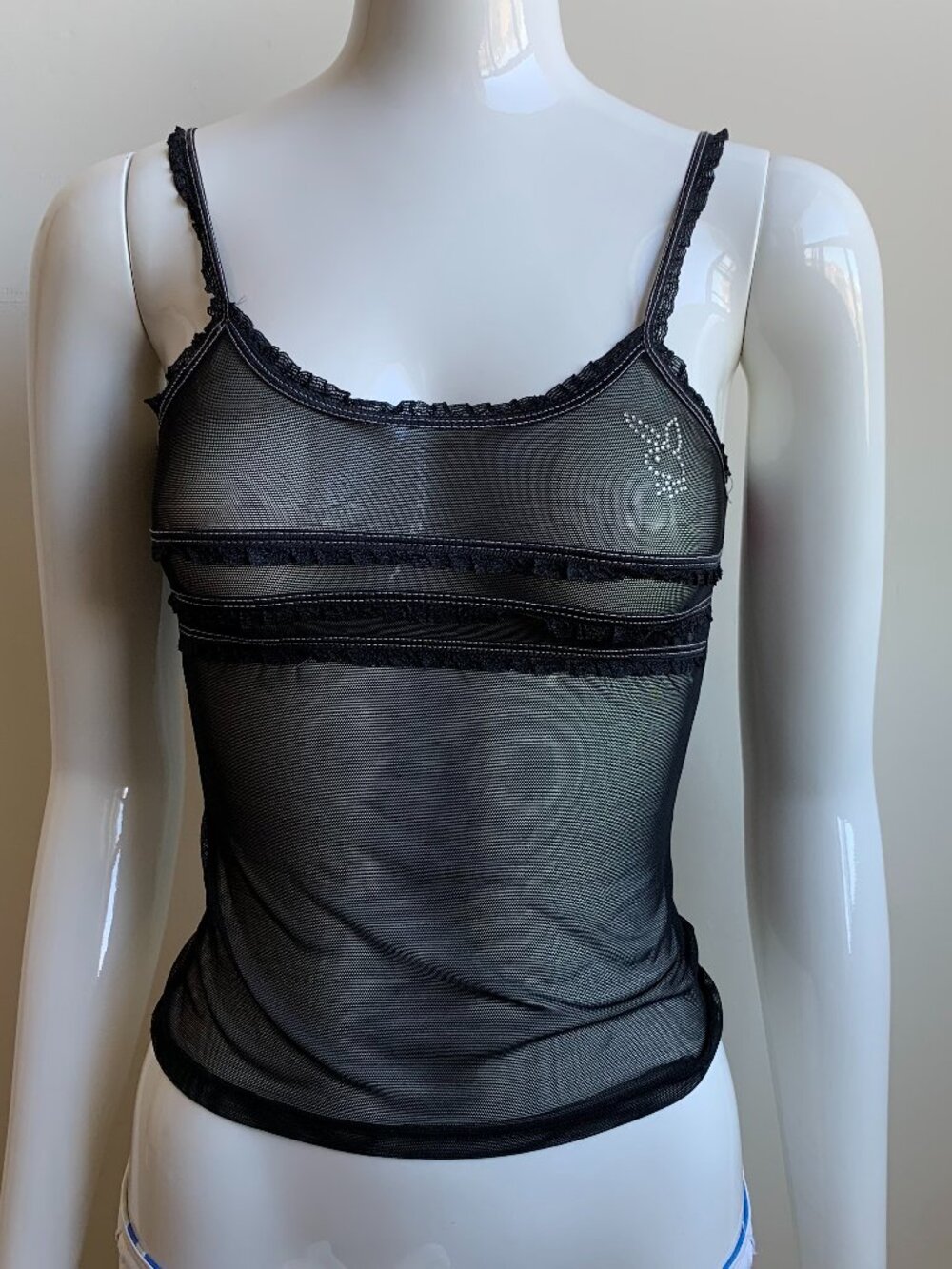 playboy bunny logo lingerie mesh black & rhinestone cami camisole top